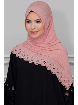 Pembe Pratik Hazır Geçmeli Eşarp Fukuro Piliseli Çiçek Desenli Lazer Kesim