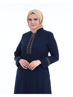 Nakışlı Fermuarlı Elit Keten Büyük Beden Ferace Lacivert