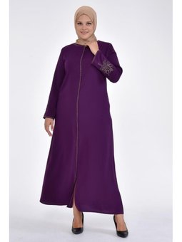 Nakışlı Gizli Fermuarlı Ferace Mor