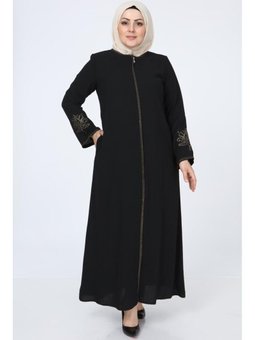Nakışlı Gizli Fermuarlı Siyah Ferace