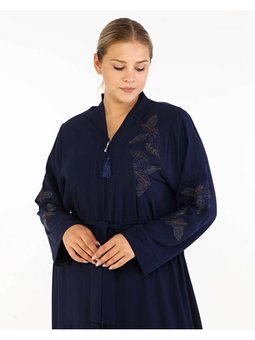 Yaprak Desenli Taşlı Nakışlı Abaya Lacivert