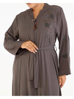 Yaprak Desenli Taşlı Nakışlı Abaya Vizon