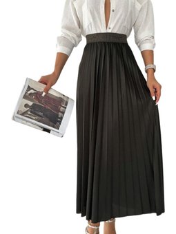 Haki Beli Lastikli Deri Görünümlü Piliseli Uzun Etek