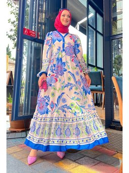 Alaçatı Desenli Mavi̇ Elbise