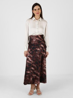 Desenli Kloş Saten Kahverengi Etek