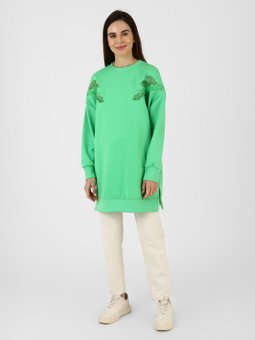 Nakış Detaylı Boncuklu Yeşil Tunik