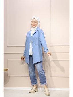 Tek Cepli Düğmeli Kot Gömlek Buz Mavisi