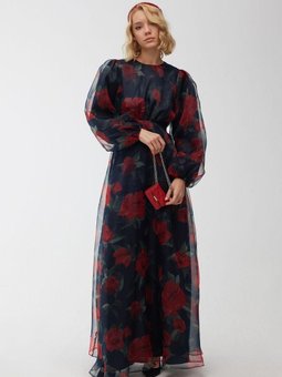 Desenli Organze Lacivert Abiye Elbise