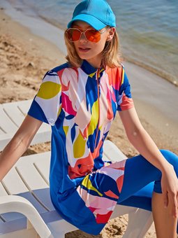 Marina 3'lü Yarı Kapalı Saks Mavisi Mavi Kısa Kollu Havuz Elbise Mayo