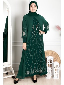 Nehir Büyük Beden Şifon Abiye Elbise Yeşili Zümrüt