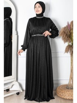 Taş İşlemeli Simli Tül Abiye Elbise Siyah