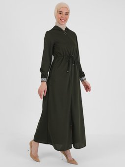 Kol Detyalı Boydan Fermuarlı Haki Ferace