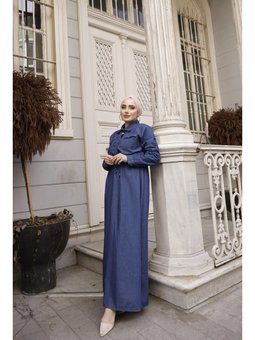 Tünel Detaylı Koyu Kot Elbise