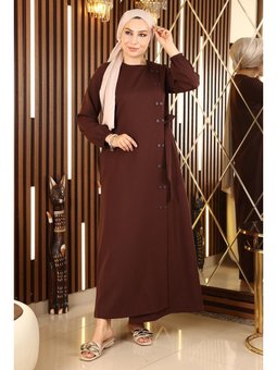 Düğmeli Yandan Bağlamalı Kahverengi Ferace