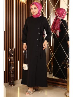 Düğmeli Yandan Bağlamalı Siyah Ferace