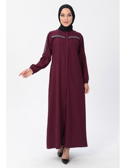 Fermuarlı Taş Detaylı Mürdüm Ferace