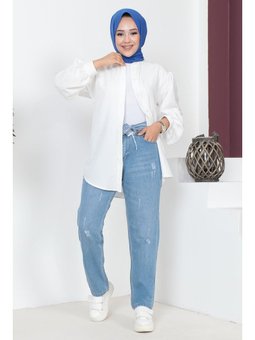 Kemerli Boyfriend Mavi Kot Pantolon