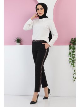 Leopar Desenli Siyah Pantolon