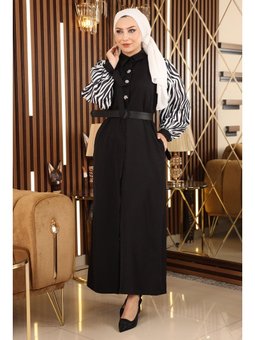 Taş Detaylı Desenli Siyah Ferace