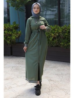 Zincir Detaylı Fermuarlı Haki Ferace