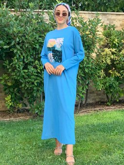 Mavi Pul İşlemeli T Shirt Elbise