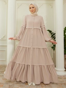 Boydan Düğmeli Bej Elbise