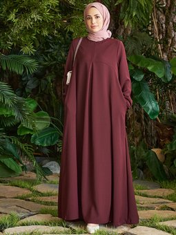 Düz Renk Cepli Bordo Elbise