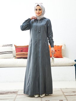 Kapüşonlu Denim Gri Ferace