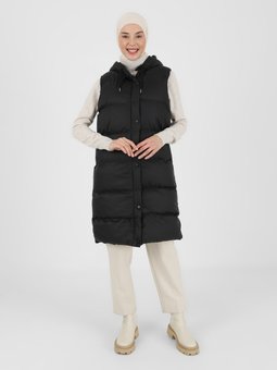 Kapüşonlu Boydan Fermuarlı Siyah Yelek