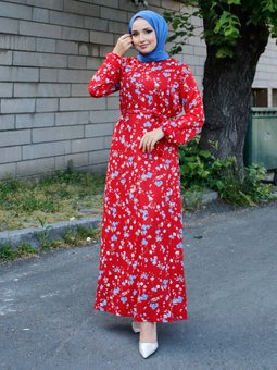 Çiçek Desenli Kırmızı Elbise