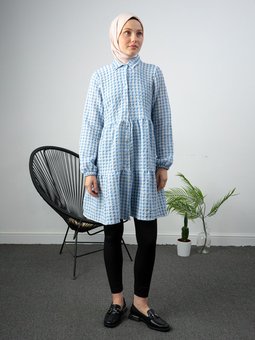 Kareli Fırfırlı Uzun Bebe Mavisi Gömlek Tunik