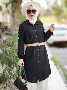 Kolları El İşleme Nakışlı Hasır Kemerli Siyah Tunik