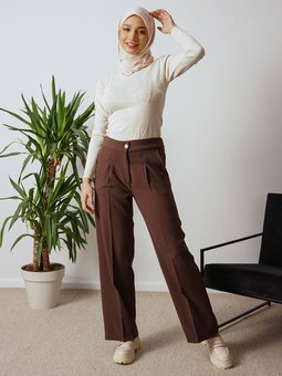 Krep Arkası Lastikli Kumaş Kahverengi Pantolon