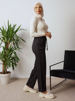 Krep Pile Detaylı Kumaş Siyah Pantolon