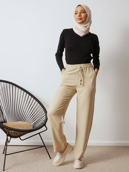 Krep Pile Detaylı Kumaş Taş Rengi Pantolon