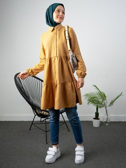 Önden Düğmeli İki Parçalı Salaş Taba Gömlek Tunik