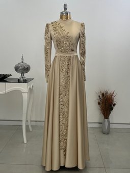 Çağla Altın Rengi Abiye Elbise