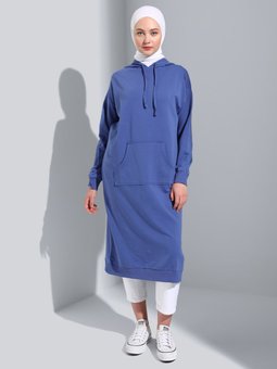 Açık Lacivert Kanguru Cepli Kapüşonlu Uzun Sweatshirt