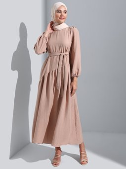 Aerobin Asimetrik Kesimli Kuşaklı Bej Elbise