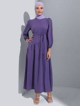 Aerobin Asimetrik Kesimli Kuşaklı Vintage Mor Elbise