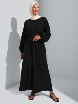 Aerobin Balon Kol Kuşaklı Siyah Elbise