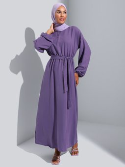Aerobin Balon Kol Kuşaklı Vintage Mor Elbise