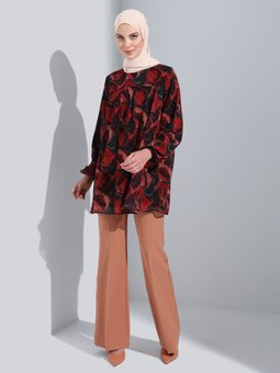Astarlı Kol Ucu Lastikli Şifon Bordo Etnik Desenli Tunik