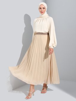 Beli Lastikli Piliseli Şifon Açık Bej Etek