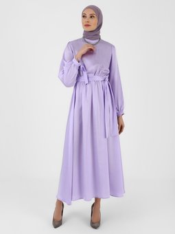 Beli Lastikli Saten Lila Elbise