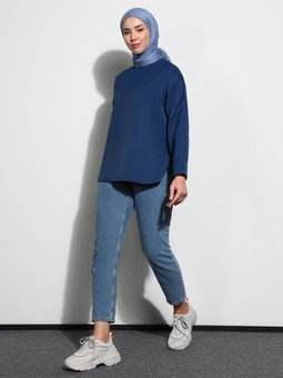 Bisiklet Yaka Basic Poplin İndigo Bluz