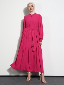 Boydan Düğmeli Beli Kuşaklı Aerobin Fuşya Elbise