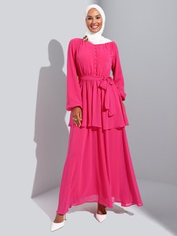 Brit Detaylı Kat Kat Şifon Fuşya Elbise