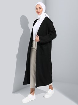 Cep Detaylı Oversize Triko Siyah Hırka