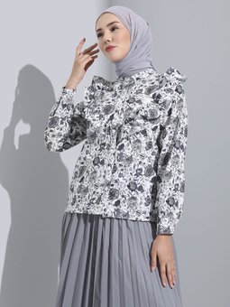 Çiçek Desenli Volan Detaylı Siyah Gömlek